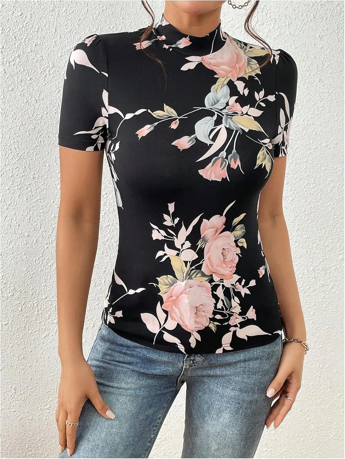 Women's Floral Print Mock Neck T Shirt Short Sleeve Slim Fit Graphic Tees Casual Dressy Tops