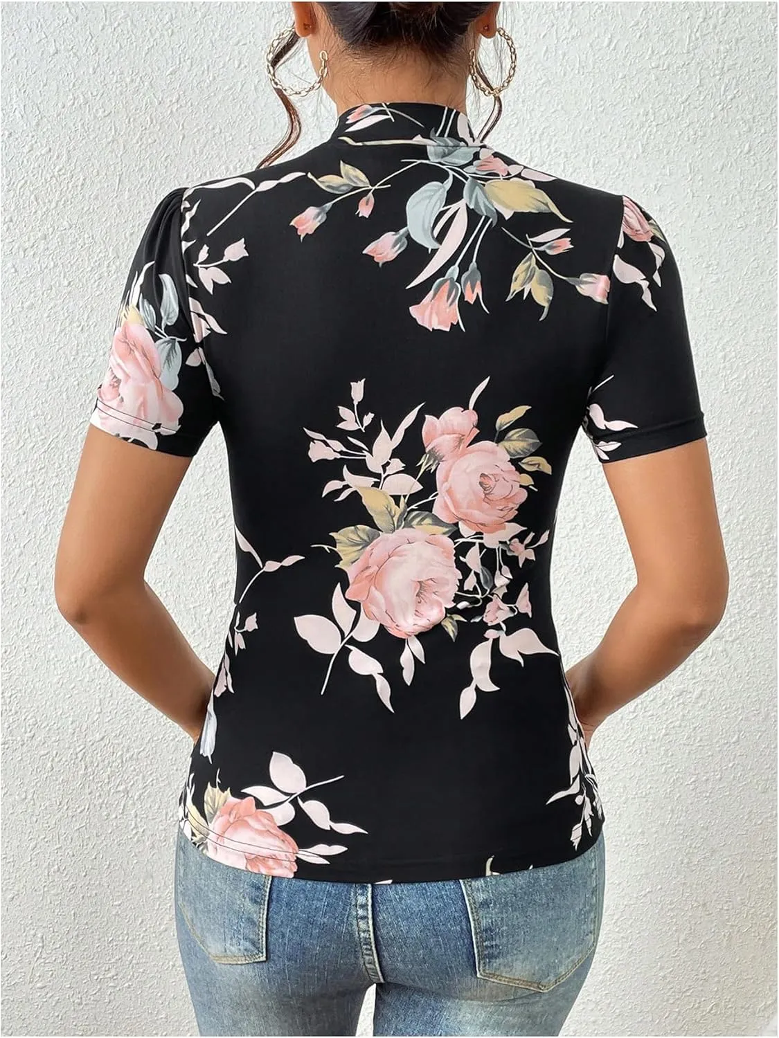 Women's Floral Print Mock Neck T Shirt Short Sleeve Slim Fit Graphic Tees Casual Dressy Tops