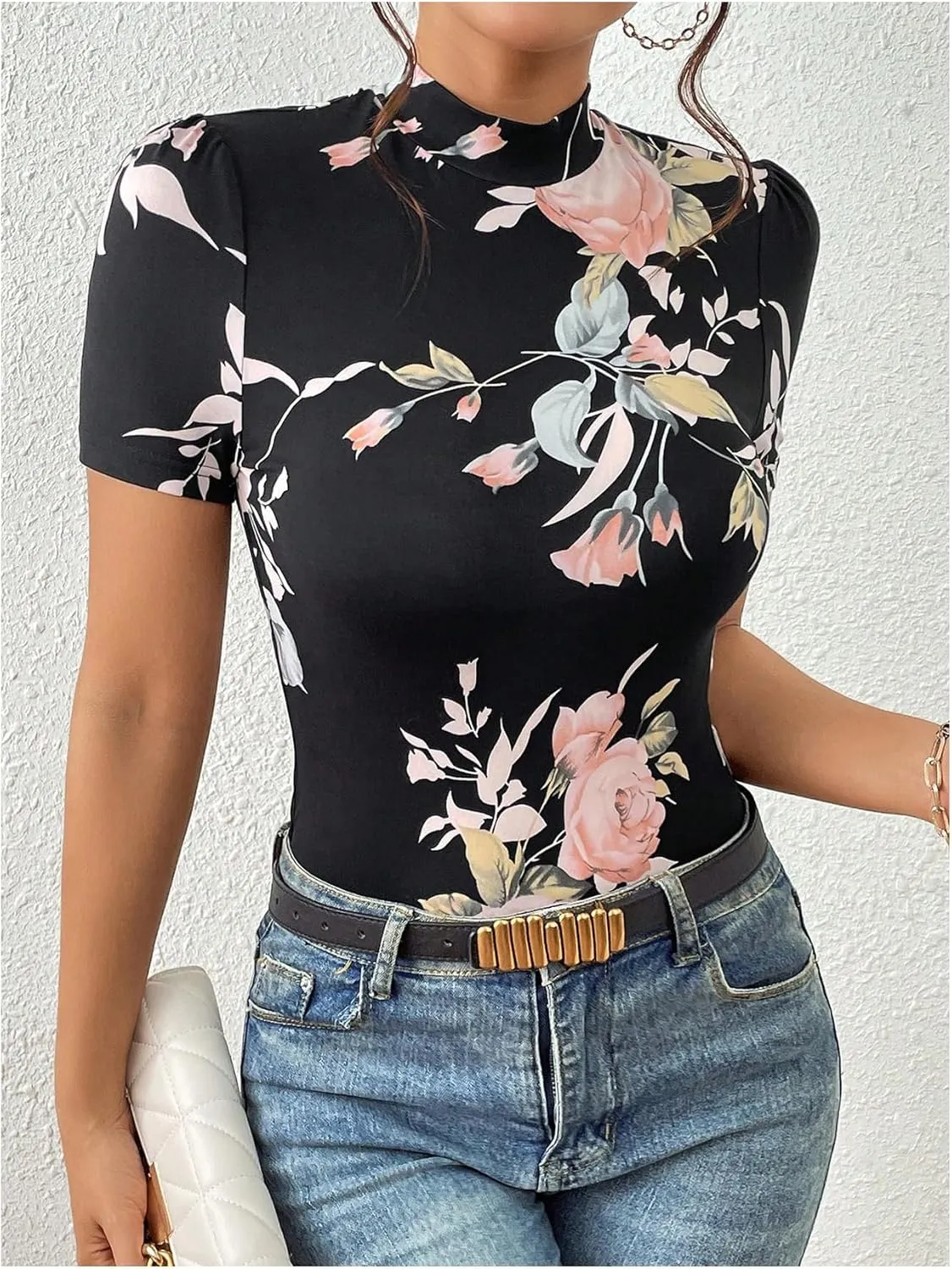 Women's Floral Print Mock Neck T Shirt Short Sleeve Slim Fit Graphic Tees Casual Dressy Tops