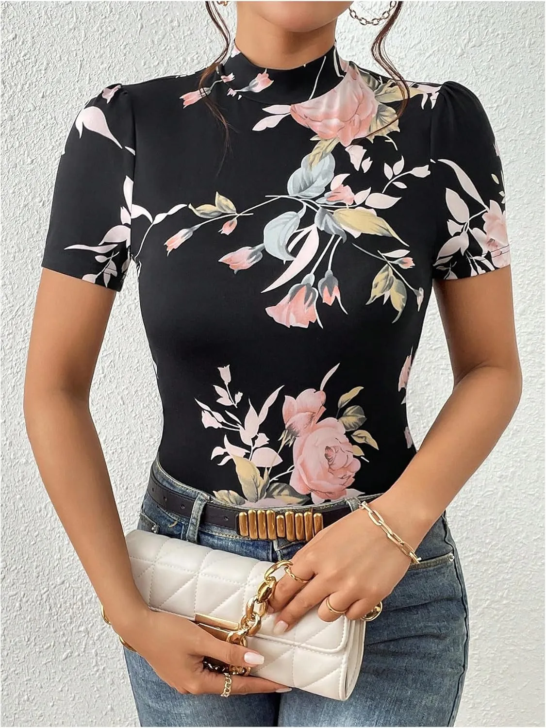 Women's Floral Print Mock Neck T Shirt Short Sleeve Slim Fit Graphic Tees Casual Dressy Tops