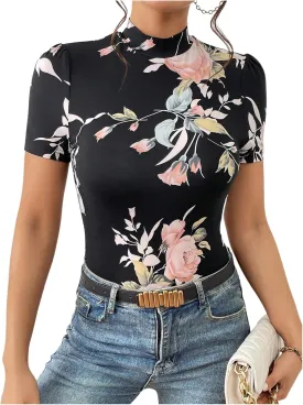 Women's Floral Print Mock Neck T Shirt Short Sleeve Slim Fit Graphic Tees Casual Dressy Tops
