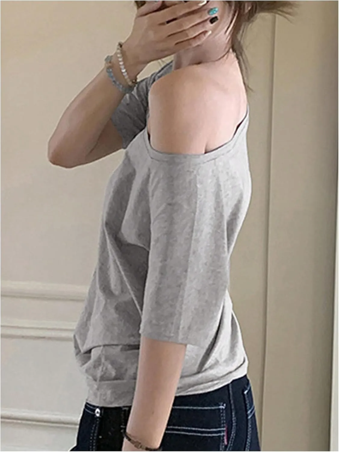 Women's Off Shoulder Short Sleeve T-Shirt Drop Shoulder Loose Casual Tee Tops