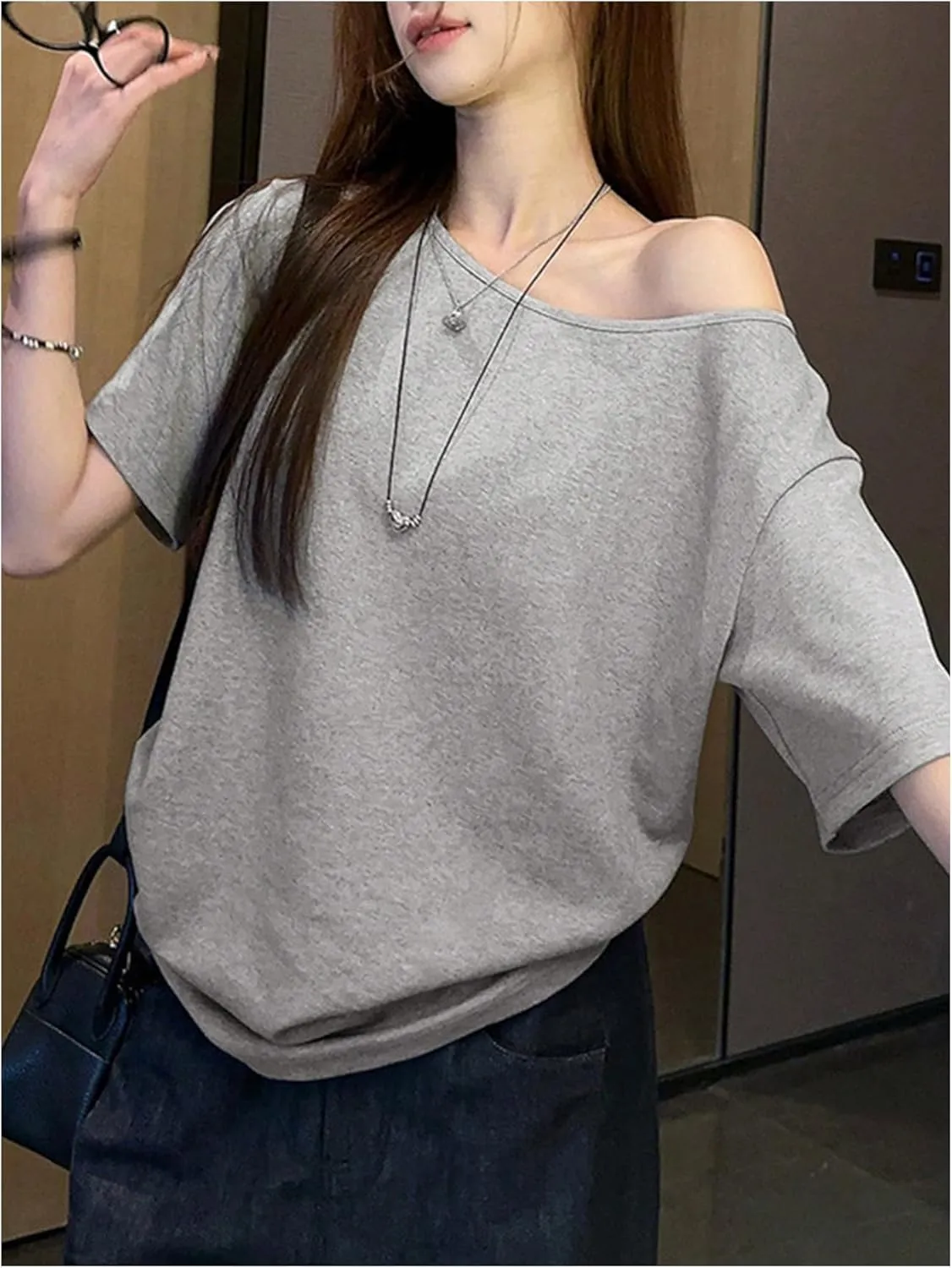 Women's Off Shoulder Short Sleeve T-Shirt Drop Shoulder Loose Casual Tee Tops