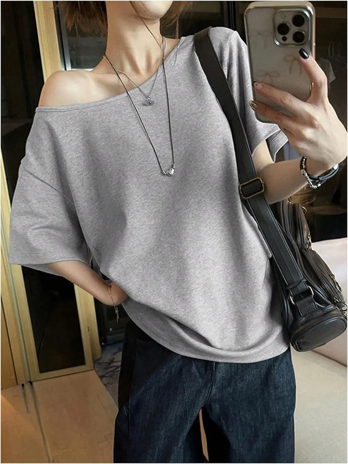 Women's Off Shoulder Short Sleeve T-Shirt Drop Shoulder Loose Casual Tee Tops
