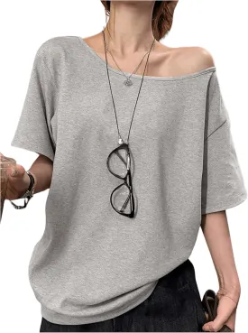 Women's Off Shoulder Short Sleeve T-Shirt Drop Shoulder Loose Casual Tee Tops