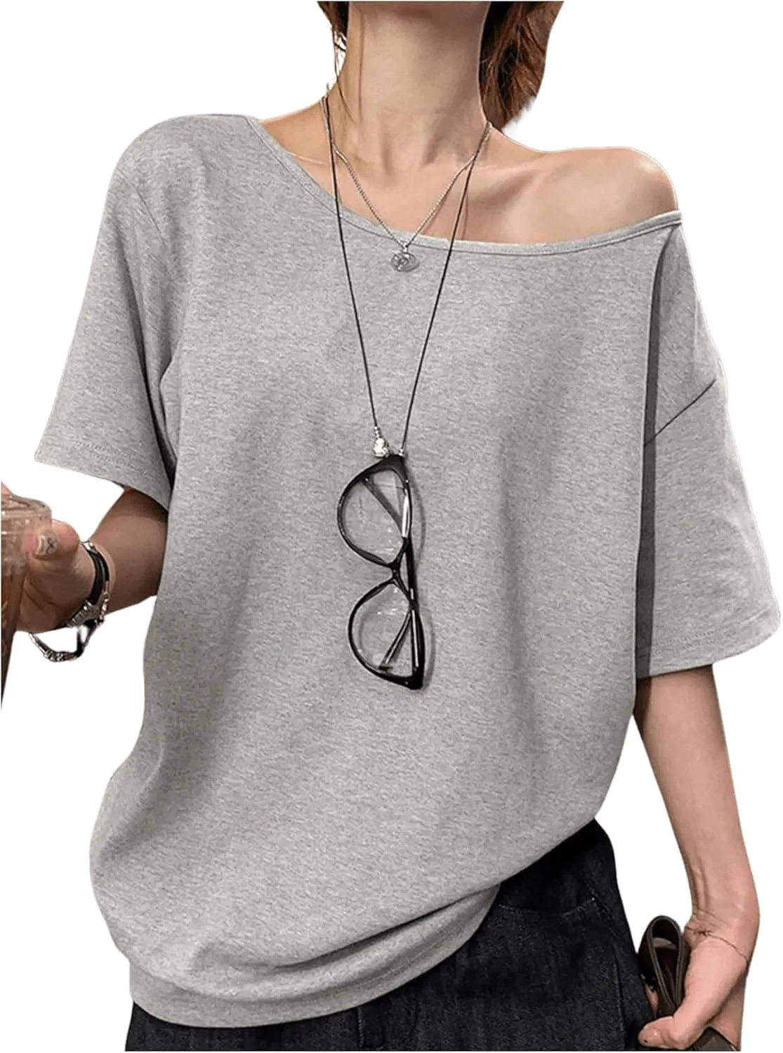 Women's Off Shoulder Short Sleeve T-Shirt Drop Shoulder Loose Casual Tee Tops