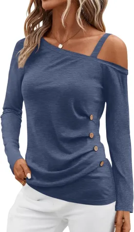Womens Off Shoulder Tops Asymmetrical One Shoulder Shirts Long Sleeve Button Ruched Blouses