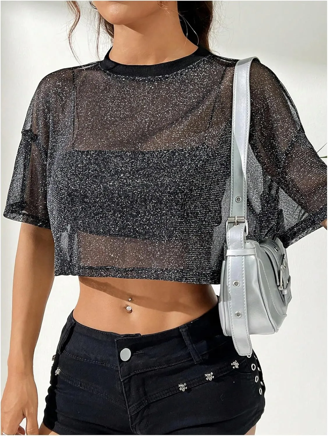 Women's Rhinestone Sheer Mesh Tee Shirt Short Sleeve Drop Shoulder Crewneck Crop Tops
