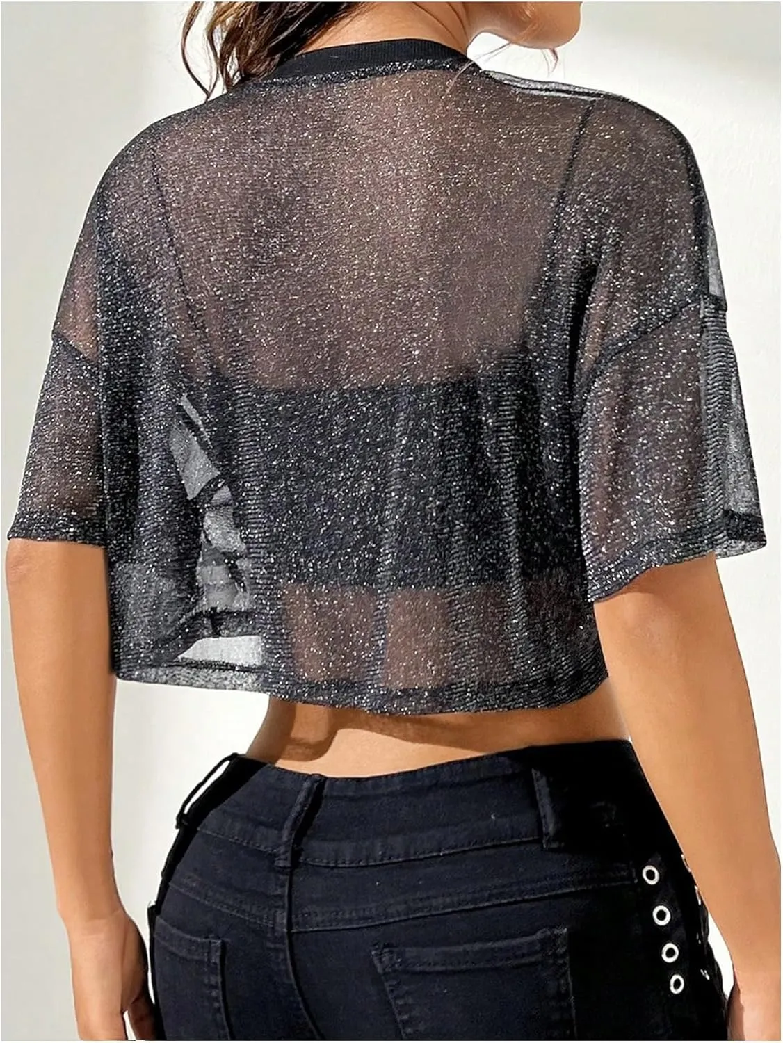 Women's Rhinestone Sheer Mesh Tee Shirt Short Sleeve Drop Shoulder Crewneck Crop Tops