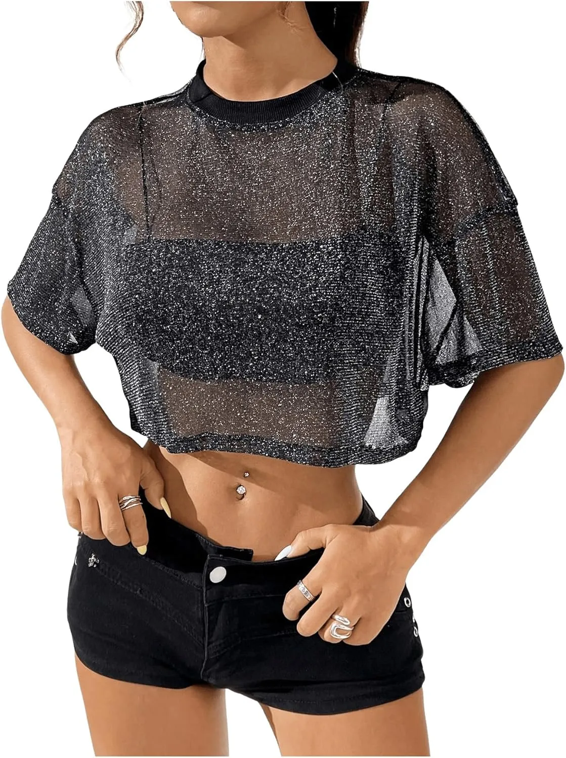 Women's Rhinestone Sheer Mesh Tee Shirt Short Sleeve Drop Shoulder Crewneck Crop Tops