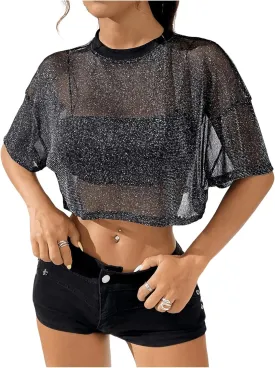 Women's Rhinestone Sheer Mesh Tee Shirt Short Sleeve Drop Shoulder Crewneck Crop Tops