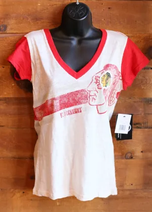 Women's V-Neck T-Shirt Chicago Blackhawks Cream with Red Sleeves