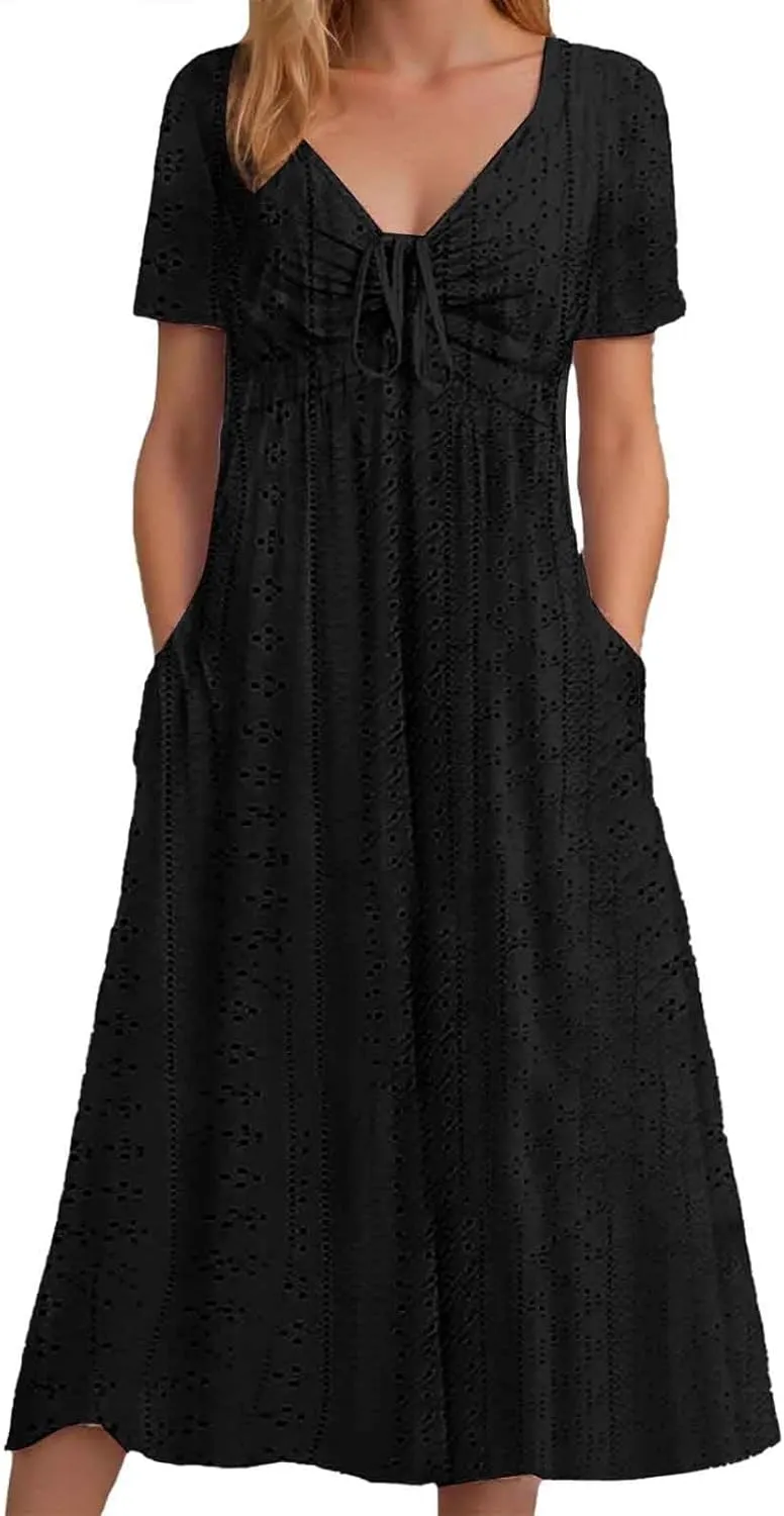 Work Dresses for Women 2025 Summer Lapel Short Sleeve Maxi Dress Casual Loose Plain Comfy Long Dresses with Pockets