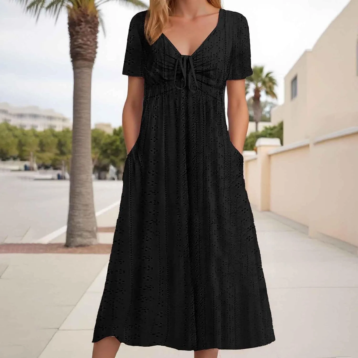 Work Dresses for Women 2025 Summer Lapel Short Sleeve Maxi Dress Casual Loose Plain Comfy Long Dresses with Pockets