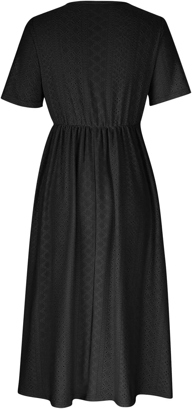 Work Dresses for Women 2025 Summer Lapel Short Sleeve Maxi Dress Casual Loose Plain Comfy Long Dresses with Pockets