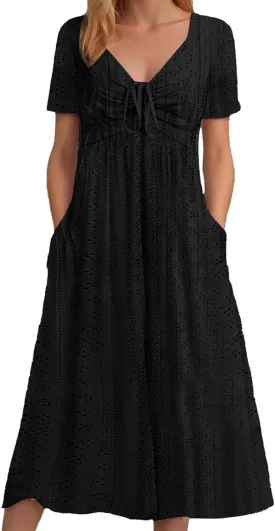 Work Dresses for Women 2025 Summer Lapel Short Sleeve Maxi Dress Casual Loose Plain Comfy Long Dresses with Pockets