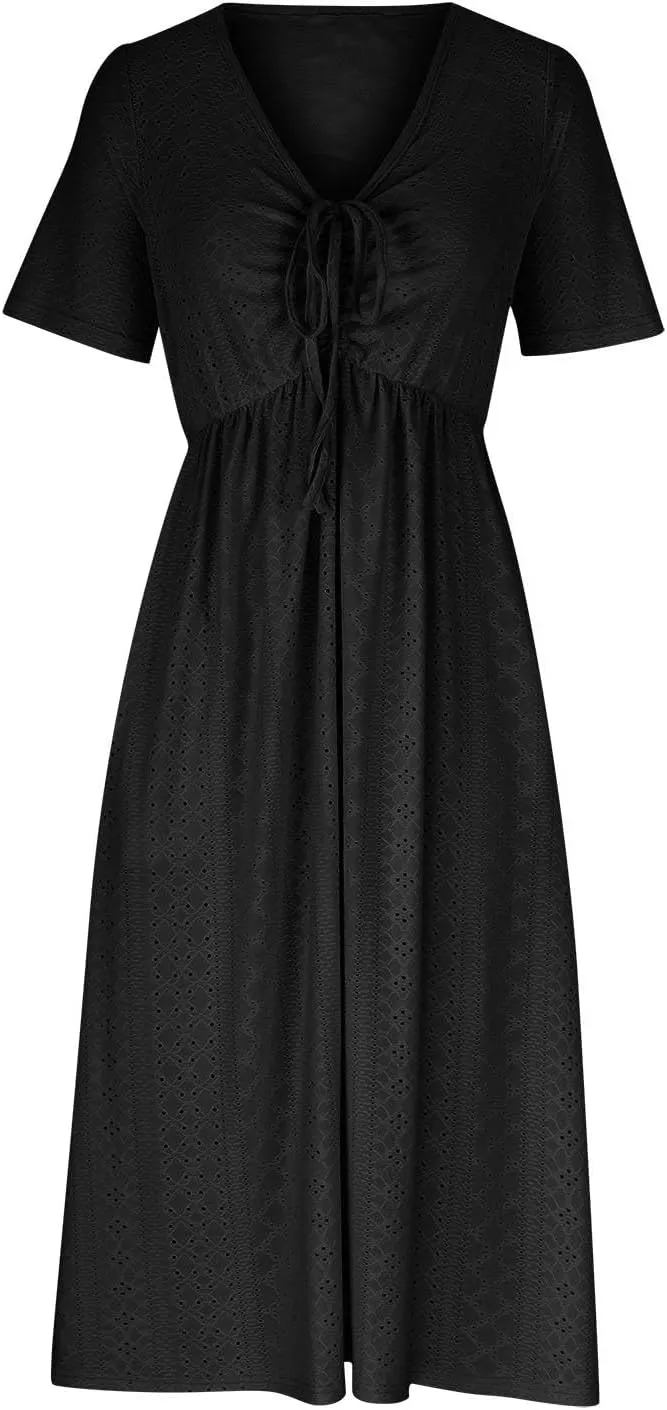 Work Dresses for Women 2025 Summer Lapel Short Sleeve Maxi Dress Casual Loose Plain Comfy Long Dresses with Pockets