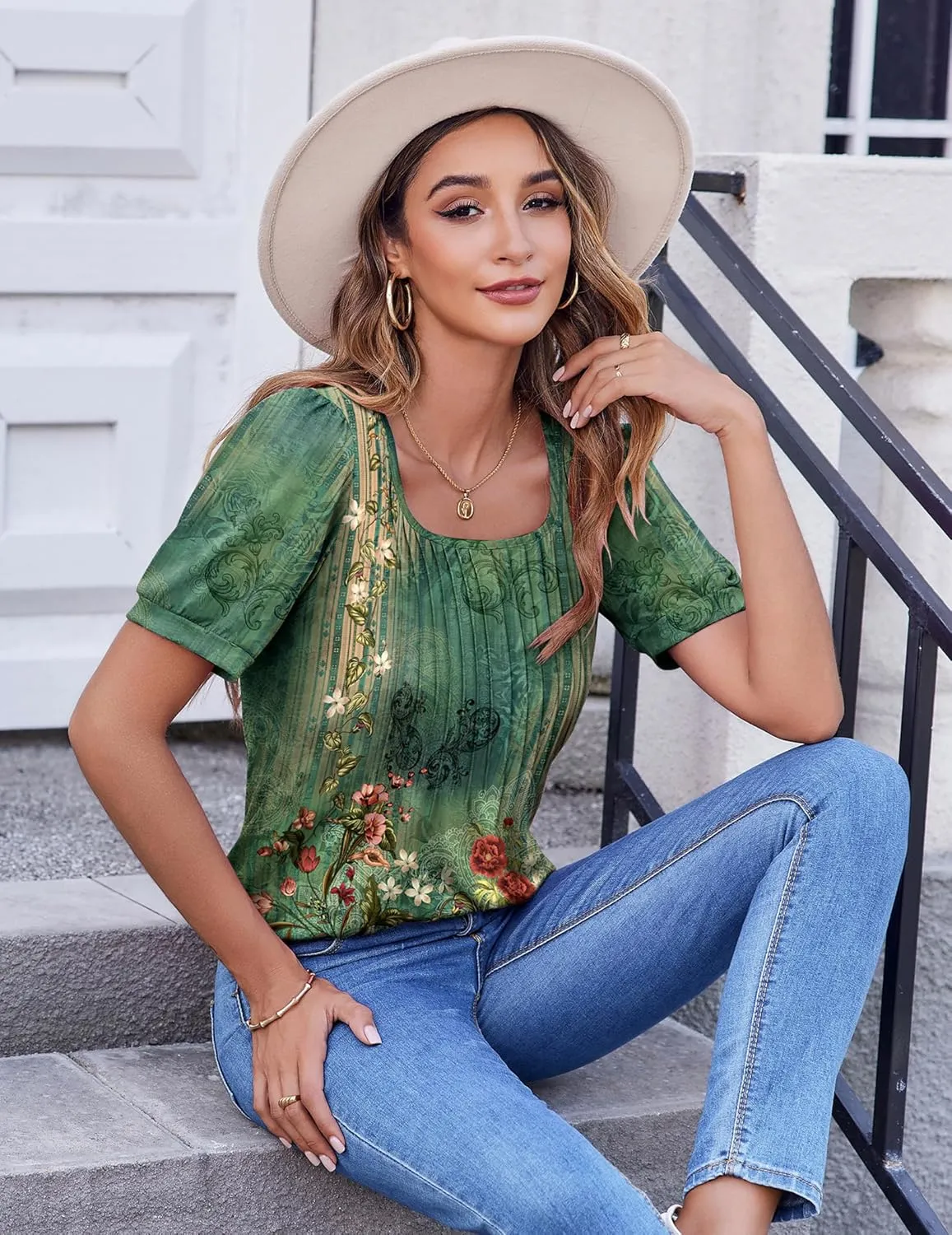 Zeagoo Womens Summer Tops Casual Puff Short Sleeve T Shirts Floral/Solid Pleated Tunics Square Neck Work Blouse