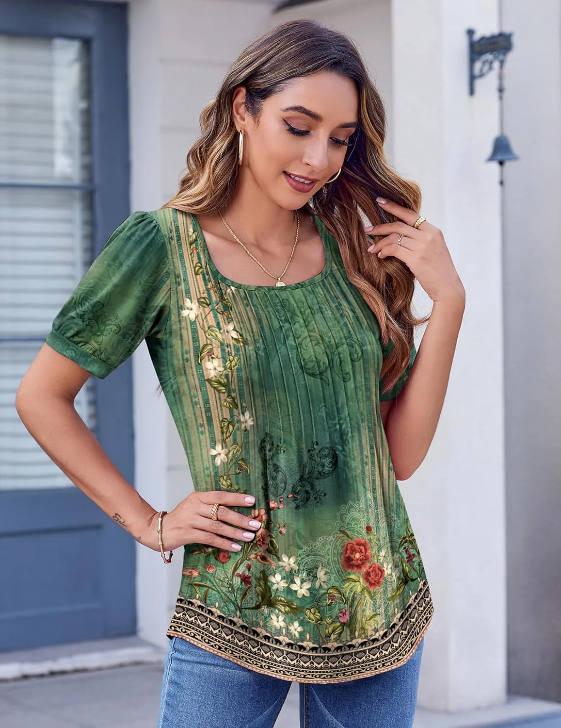 Zeagoo Womens Summer Tops Casual Puff Short Sleeve T Shirts Floral/Solid Pleated Tunics Square Neck Work Blouse