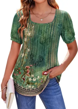 Zeagoo Womens Summer Tops Casual Puff Short Sleeve T Shirts Floral/Solid Pleated Tunics Square Neck Work Blouse