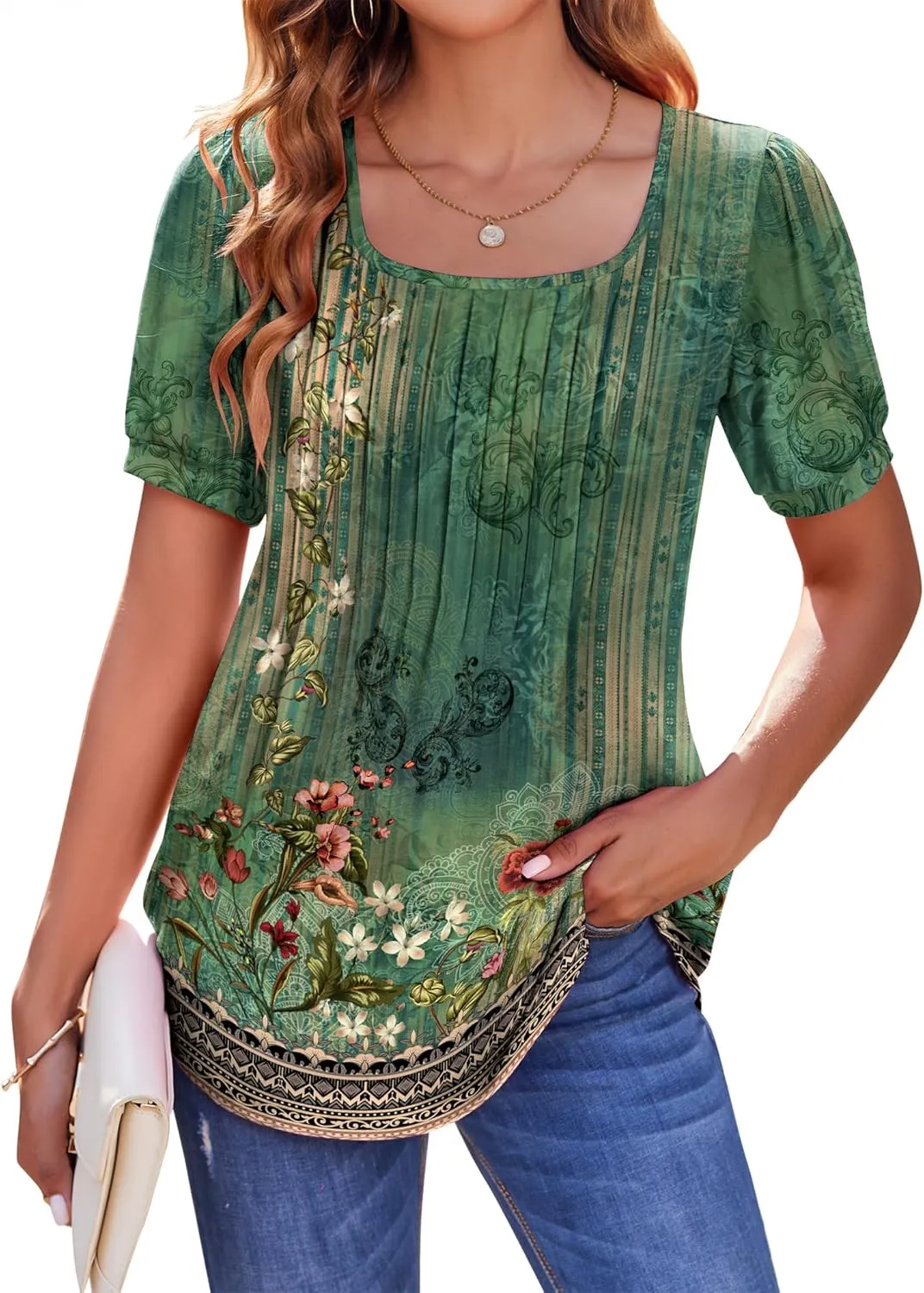 Zeagoo Womens Summer Tops Casual Puff Short Sleeve T Shirts Floral/Solid Pleated Tunics Square Neck Work Blouse