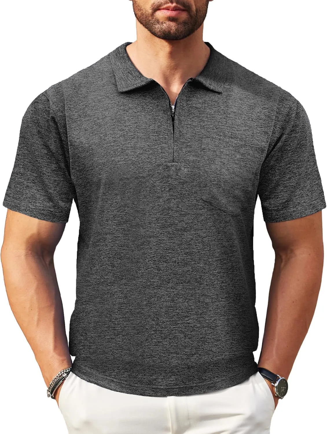 Zipper Polo Shirts for Men Casual Short Sleeve Polo T-Shirt Classic Fit Golf Shirts