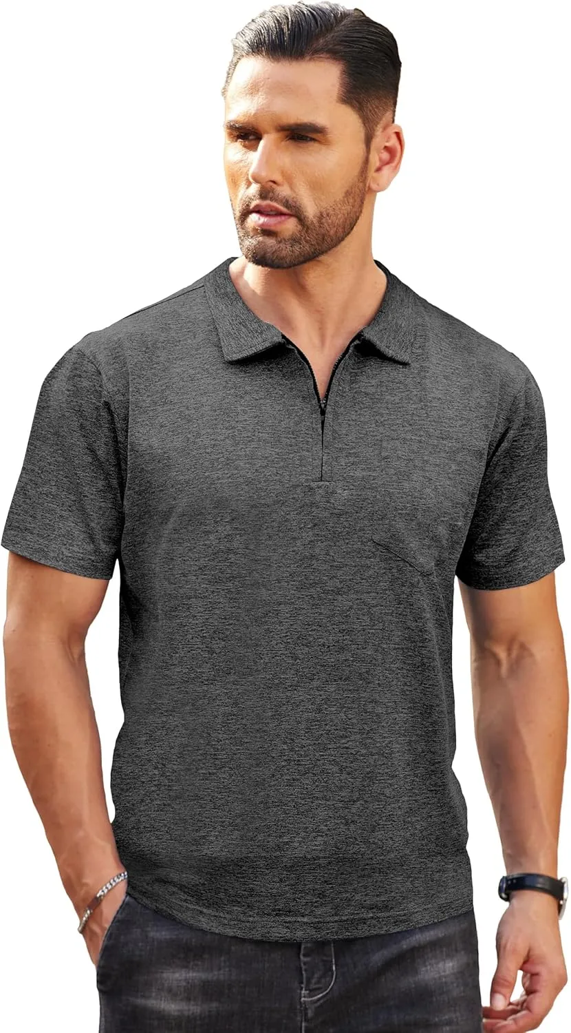 Zipper Polo Shirts for Men Casual Short Sleeve Polo T-Shirt Classic Fit Golf Shirts