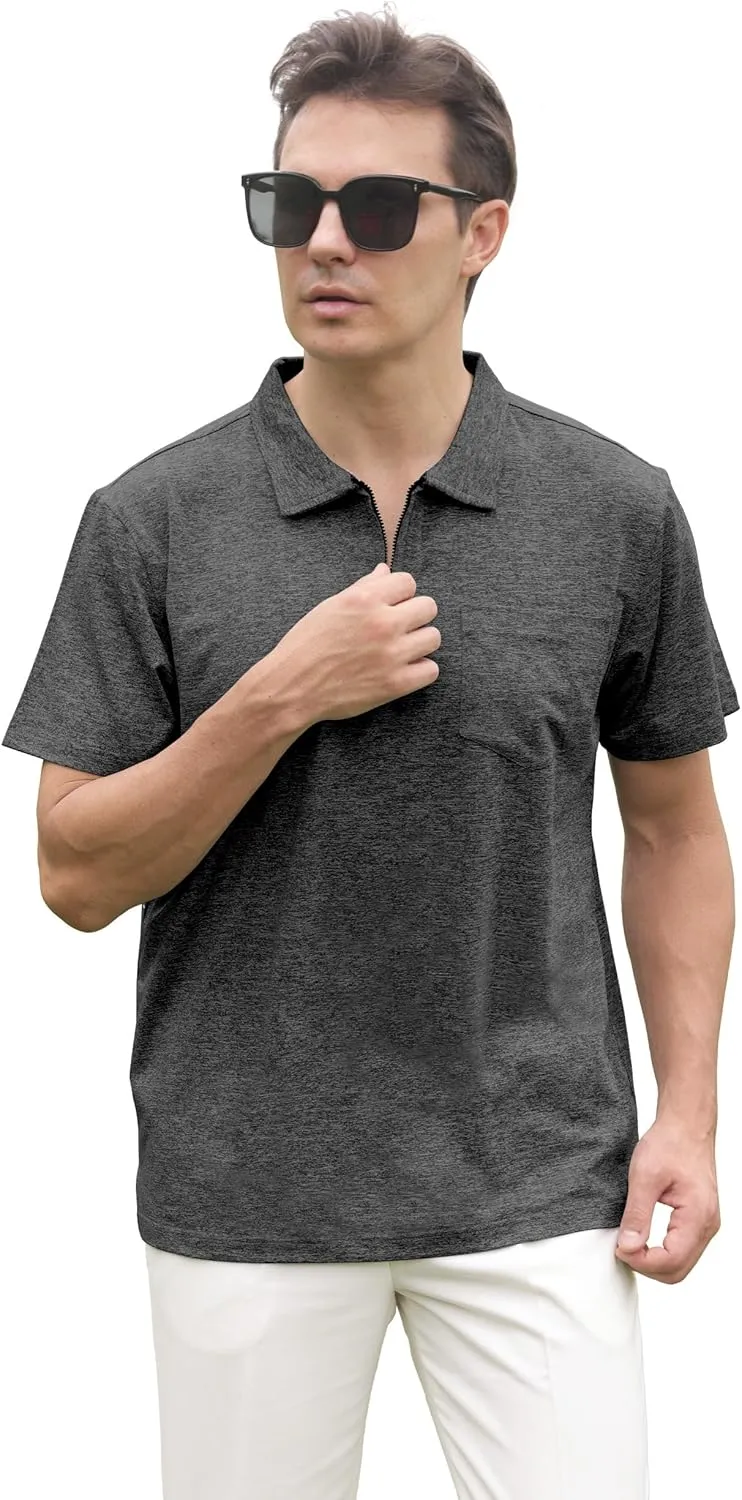 Zipper Polo Shirts for Men Casual Short Sleeve Polo T-Shirt Classic Fit Golf Shirts
