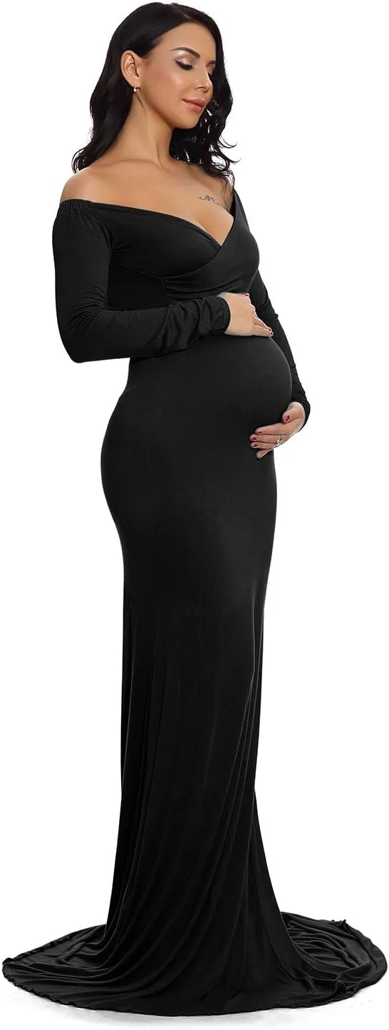 ZIUMUDY Maternity Off Shoulder Photo Shoot Photography Dress Solid Color Baby Shower Dress