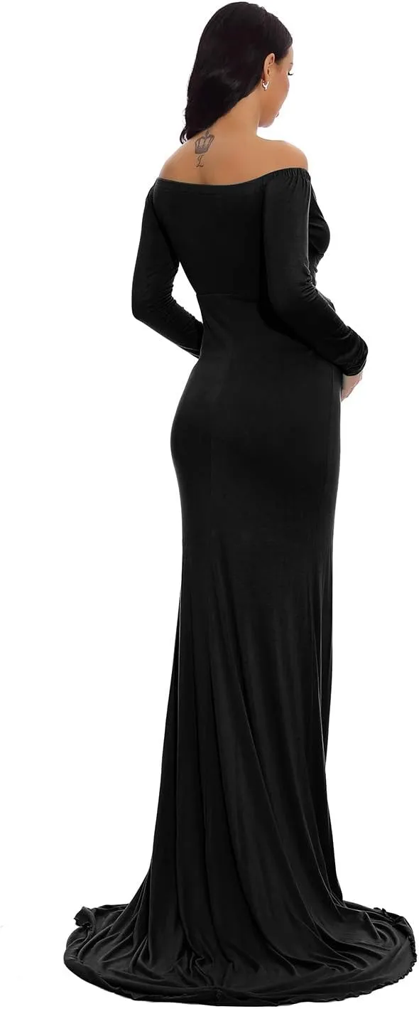 ZIUMUDY Maternity Off Shoulder Photo Shoot Photography Dress Solid Color Baby Shower Dress