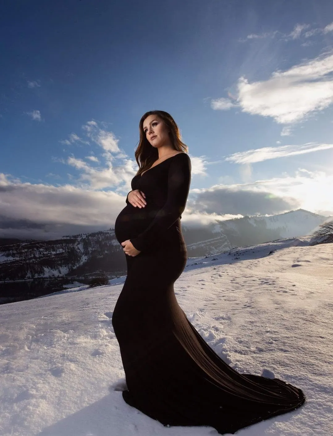 ZIUMUDY Maternity Off Shoulder Photo Shoot Photography Dress Solid Color Baby Shower Dress