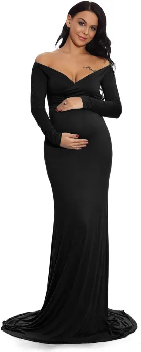 ZIUMUDY Maternity Off Shoulder Photo Shoot Photography Dress Solid Color Baby Shower Dress