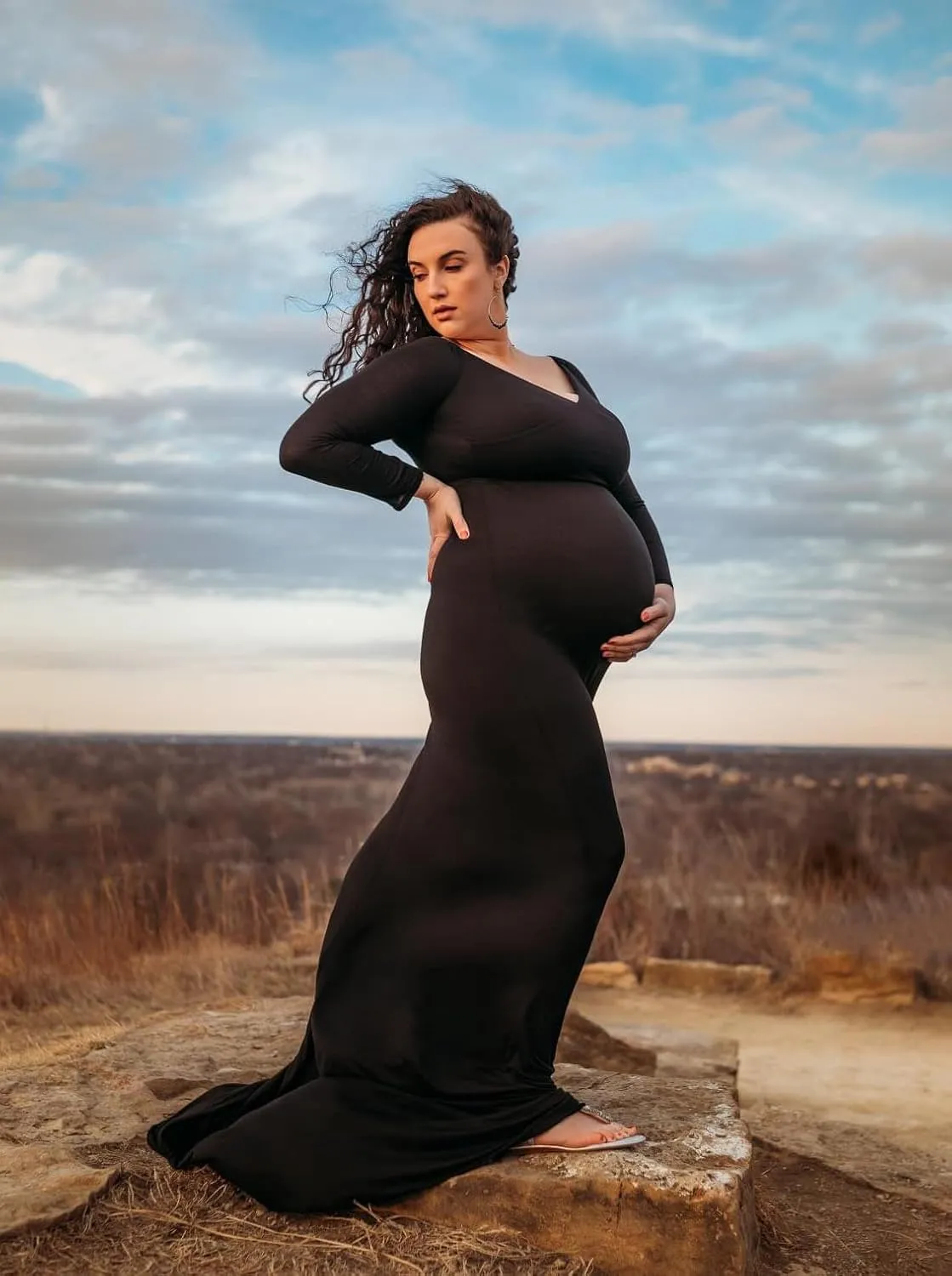 ZIUMUDY Maternity Off Shoulder Photo Shoot Photography Dress Solid Color Baby Shower Dress