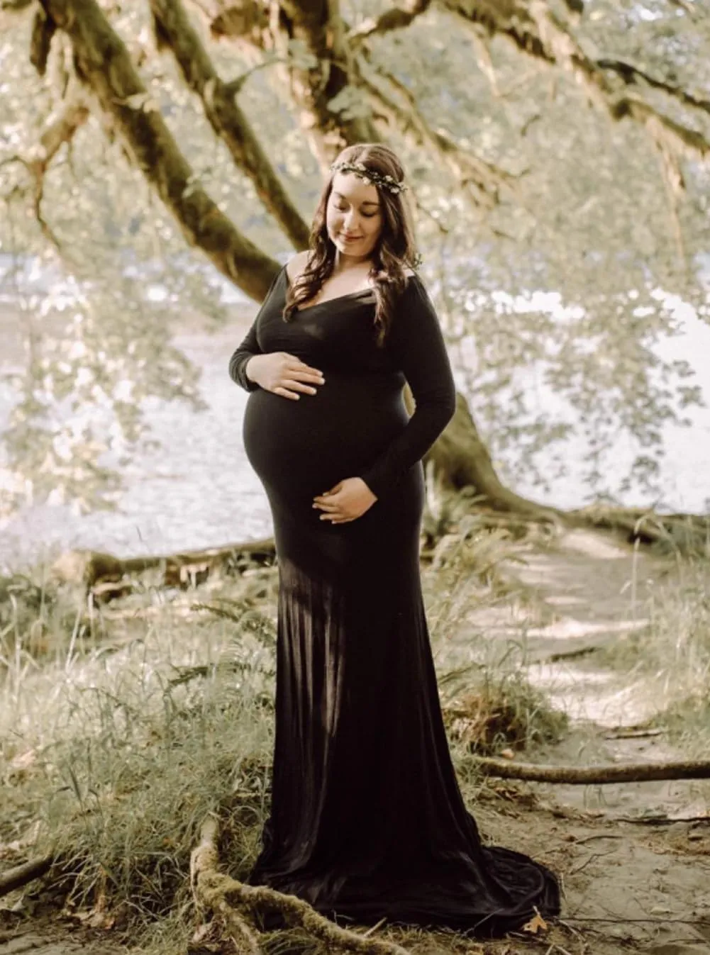 ZIUMUDY Maternity Off Shoulder Photo Shoot Photography Dress Solid Color Baby Shower Dress